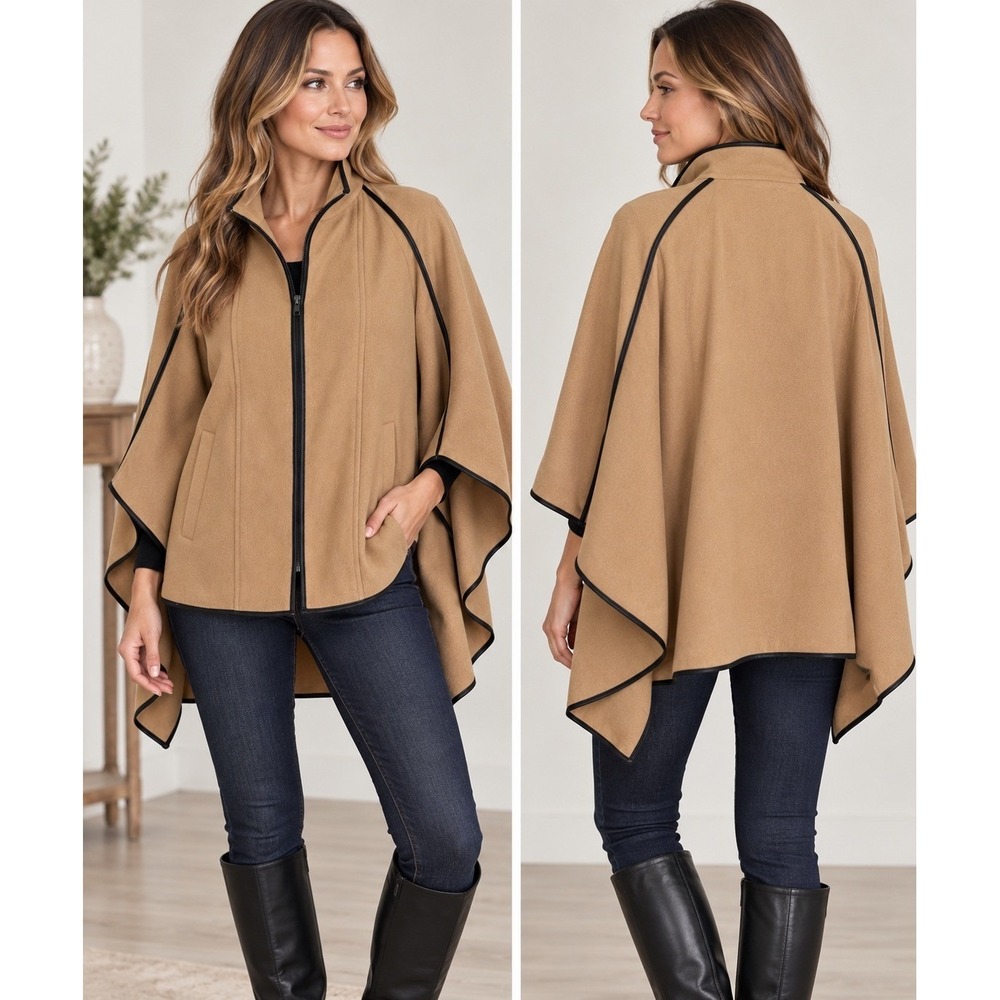 A New Day Camel Brown Zip Up Cape Jacket with Faux Leather Trim Size M New Tags